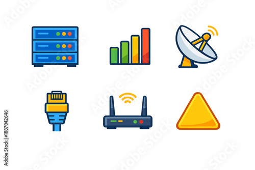 Network equipment and signals show various tools and indicators used in internet and data communication