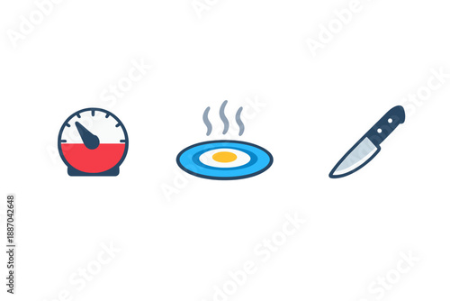 Cooking tools for preparing meals in a kitchen setting during daytime hours, showing a scale, a plate with an egg, and a knife