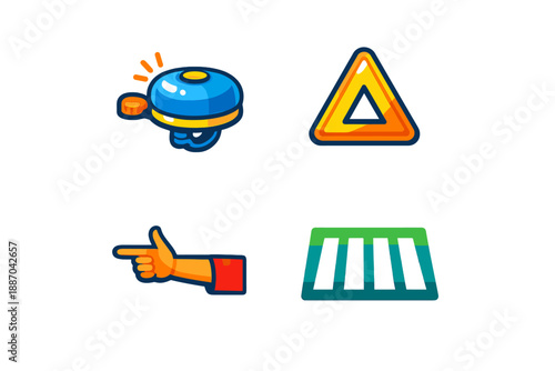 Different types of traffic signs and symbols shown together in a simple design for road safety instructions and alerts