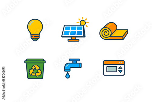 Icons showing various tools and systems related to energy efficiency and environmental sustainability in a simplified design format