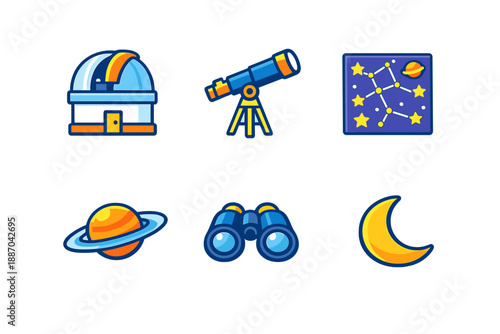 Observatory and telescope setup with celestial images and star charts, exploring planets and the moon outdoors at night