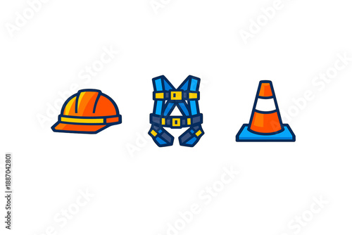 Construction equipment includes hard hat, safety harness, and traffic cone for site work during the day