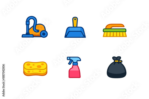 Cleaning tools in various colors arranged on a plain background showing items useful for home chores and maintenance tasks during any time of day