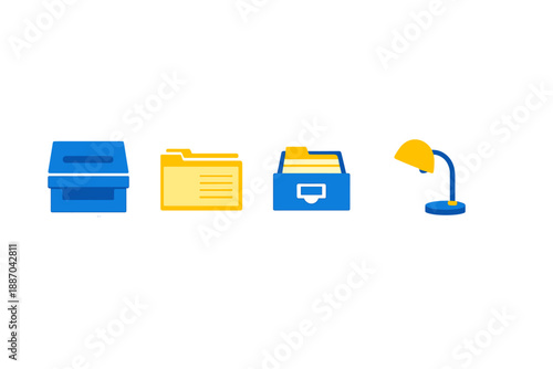 Office items are seen on a desk showing a blue box for storage, yellow folders for files, and a lamp for light during work hours