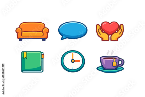 Different icons showing a couch, speech bubble, hands holding a heart, notebook, clock, and cup of tea with a tea bag at the right time in a relaxed setting