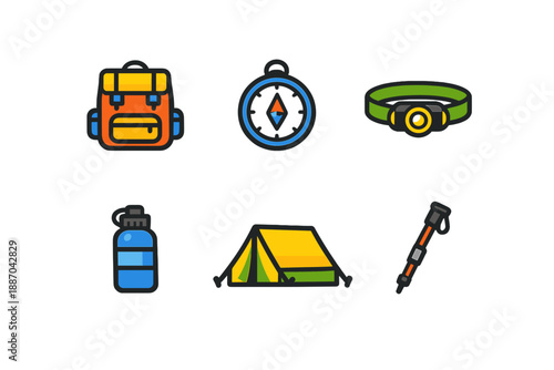 Essential camping gear including a backpack, compass, headlamp, water bottle, tent, and hiking pole on a simple background