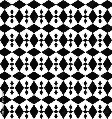 Black and white harlequin geometric seamless pattern background with abstract diamond shapes.