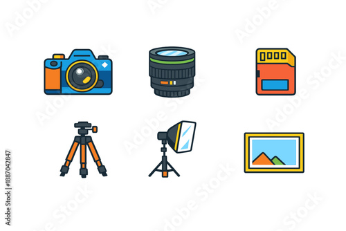 Different tools for capturing images at a photo shoot with a camera, lens, memory card, tripod, light stand, and a frame for displaying photos
