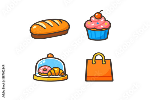 Various baked goods and a shopping bag displayed in a simple graphic format with bright colors