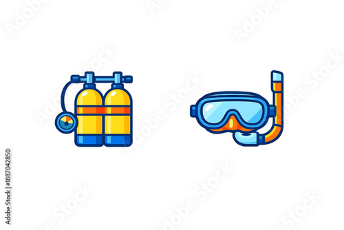 Scuba diving gear including tanks and mask shown in a simple design on a plain background with a focus on underwater exploration equipment