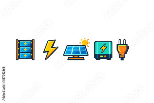 Colorful icons show energy-related concepts including battery, lightning, solar panel, and electrical plug in a simple layout at a neutral backdrop