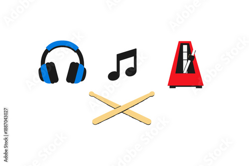 Different music elements such as headphones, notes, a metronome, and drumsticks are shown in a simple arrangement on a white background