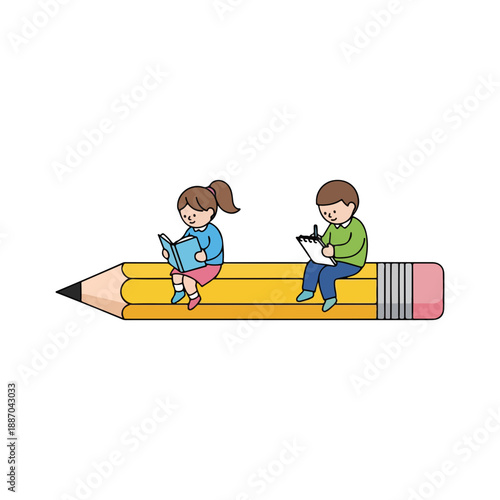 Children Learning on Giant Pencil School Education Icon