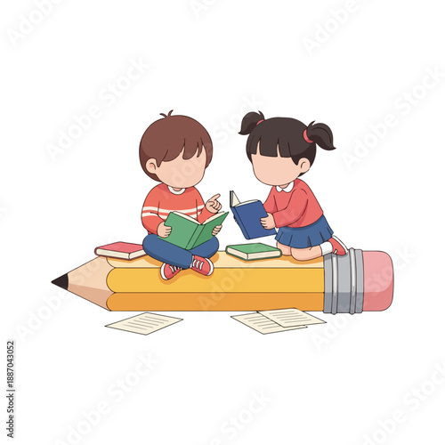 Kids reading books on a giant pencil education and learning concept