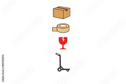 Packing supplies and tools for shipping items within a warehouse or distribution center during daytime operations