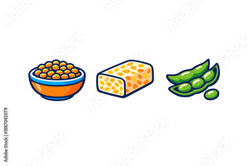Colorful bowl of snacks with chickpeas, a block of tempeh, and green edamame on a white background at a casual setting for healthy eating ideas