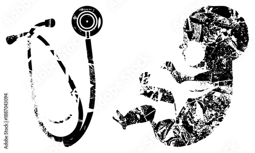 Stethoscope and Fetus in Grunge Black and White Vector Illustration