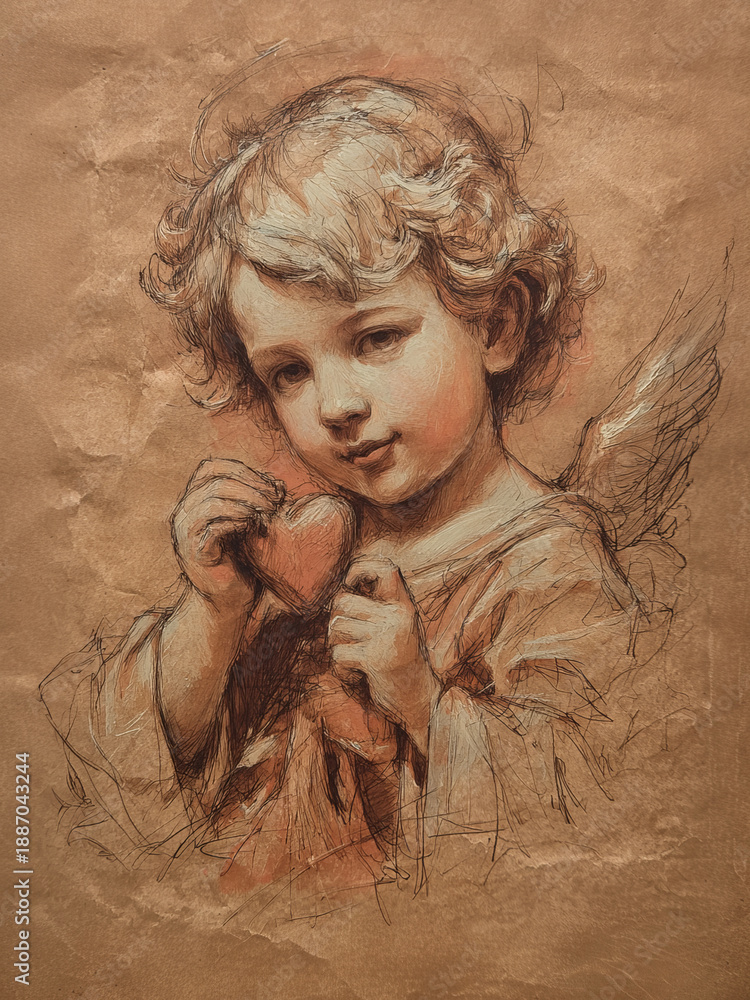 Fototapeta premium Vintage Valentines Day Cupid Cherubic Angel with Heart Print