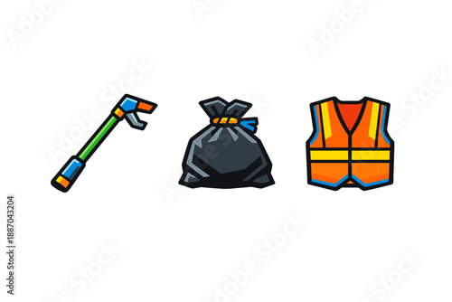 Tools and gear for collecting waste during a clean-up event at a city park in the afternoon hours