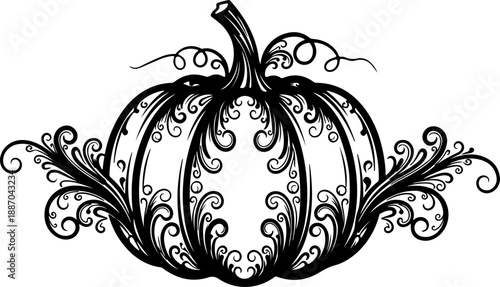 Elegant Ornamental Pumpkin Illustration with Intricate Scrollwork and Autumnal Flair