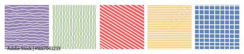 Check, plaid, striped square backgrounds set. Hand drawn geometric seamless regular patterns. Doodle collection, uneven artistic lines, straight and diagonal pinstripes, stripes, bars, streaks, wavy