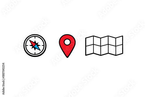 Compass, location pin, and map symbols used to represent navigation and direction in travel planning activities during the daytime