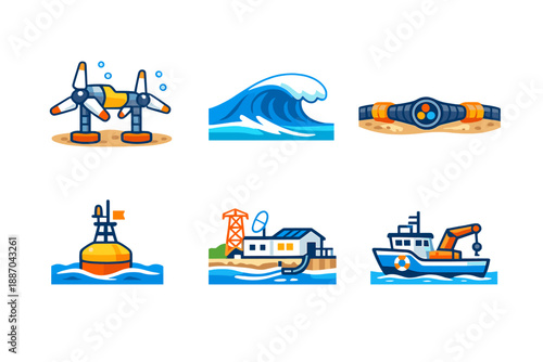 Wind turbines and marine activities near the coast with waves, buoys, and boats engaging in various tasks in the ocean environment during a sunny day