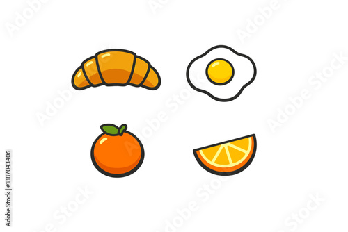 Croissant, egg, orange, and orange slice arranged together for breakfast food presentation in a simple layout on white background