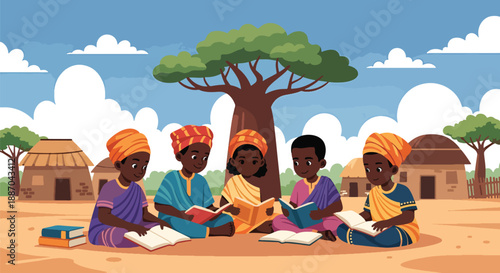 Flat vector illustration of African children reading books together under a tree, outdoor learning scene promoting education, literacy, cultural diversity, and joyful childhood development