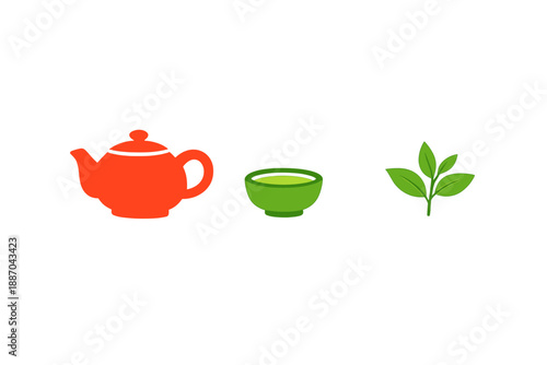 Tea preparation with a red teapot, green bowl and fresh leaves displayed on a white background during daytime