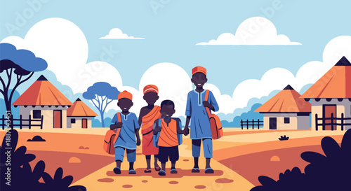 Vector illustration of African children walking to school along a village path at sunrise, carrying bags and smiling, showing daily education routine and joyful rural childhood in flat vector style
