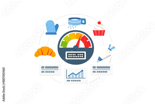 Kitchen tools and baking items with a gauge showing levels of preparation and creativity in a cooking scene