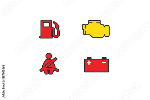 Warning symbols for car issues and maintenance reminders shown on a dashboard display including low fuel, check engine light, seat belt reminder, and battery indicator