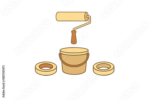 Tools are prepared for a home improvement project that includes a bucket, paint roller, and masking tape on a simple background