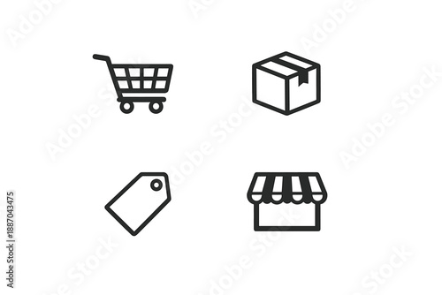 Shopping symbols are shown, including a cart, box, price tag, and store front in a simple layout with minimal design