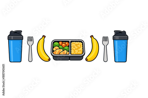 Healthy meal prep with protein shakes and fruits set on a simple white background ready for fitness routine or lunch break