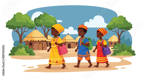 Vector illustration of African children walking to school along a village path at sunrise, carrying bags and smiling, showing daily education routine and joyful rural childhood in flat vector style