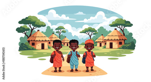 Vector illustration of African children walking to school along a village path at sunrise, carrying bags and smiling, showing daily education routine and joyful rural childhood in flat vector style