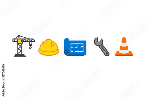 Construction site icons show crane, hard hat, blueprint, wrench, and traffic cone for building project planning at a work location