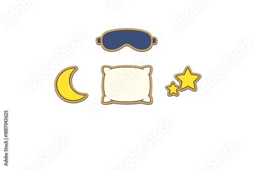 Items related to sleep including a moon, pillow, sleep mask, and stars displayed on a plain background
