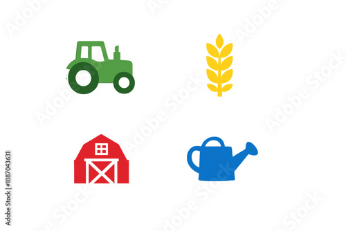 Farm tools and icons used in agriculture show a tractor, wheat, barn, and watering can representing farm life and farming activities