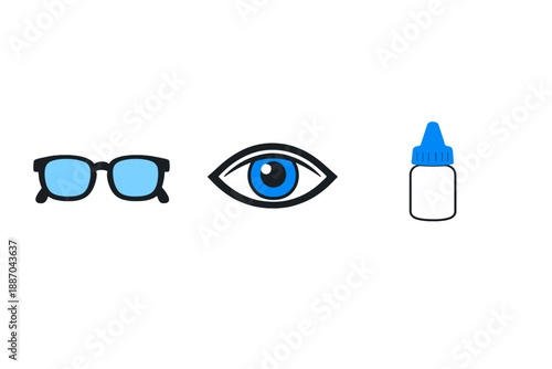 Glasses and eye with eye drops on a white background show the connection between vision and eye care