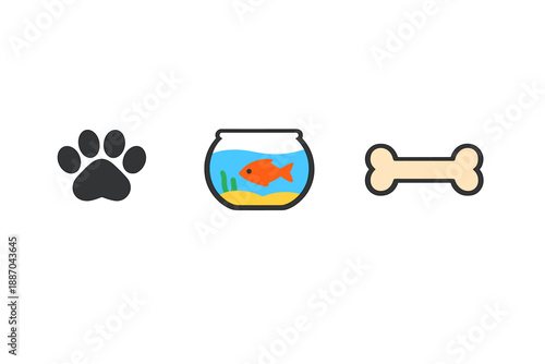 Different pet symbols show a paw print, a fishbowl with a goldfish, and a dog bone on a simple background