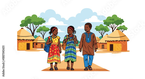 Vector illustration of African children walking to school along a village path at sunrise, carrying bags and smiling, showing daily education routine and joyful rural childhood in flat vector style