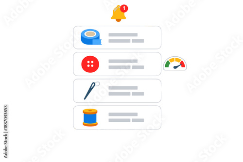 Notification display shows various crafting supplies and tools with a focus on sewing and fabric work