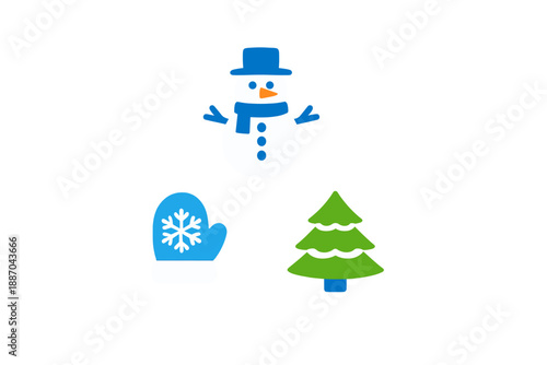 Winter decorations featuring a snowman, mittens, and a Christmas tree placed on a white background suitable for holiday themes and crafts