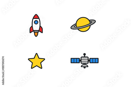 Rocket launching into space with planets and stars along with a satellite in orbit shown in a colorful graphic design