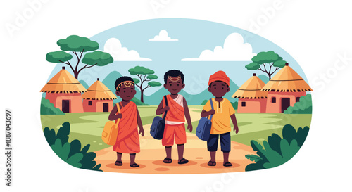 Vector illustration of African children walking to school along a village path at sunrise, carrying bags and smiling, showing daily education routine and joyful rural childhood in flat vector style