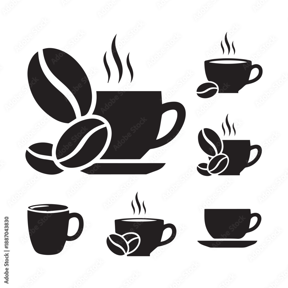 Obraz premium Coffee Cups and Beans Icons Set – Cafe and Beverage Symbols