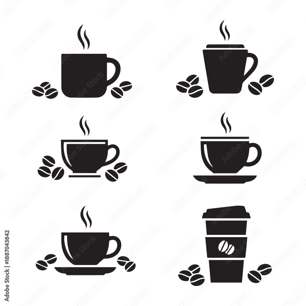 Obraz premium Coffee Cups and Beans Icons Set – Cafe and Beverage Symbols